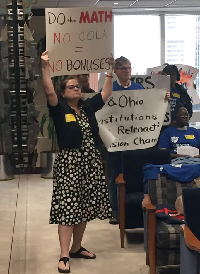 IMAGE: Retirees protest at a pension meeting (Ohio Retired Teachers Association)