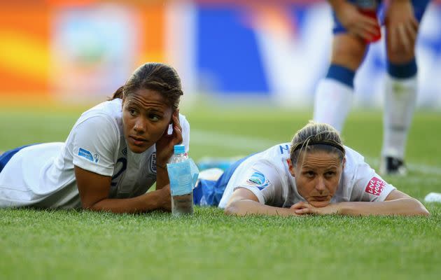 Alex Scott and Kelly Smith of England at the FIFA Women's World Cup on June 27, 2011 in Wolfsburg, Germany. (Photo by Alex Livesey - FIFA/FIFA via Getty Images) (Photo: Alex Livesey - FIFA via Getty Images)
