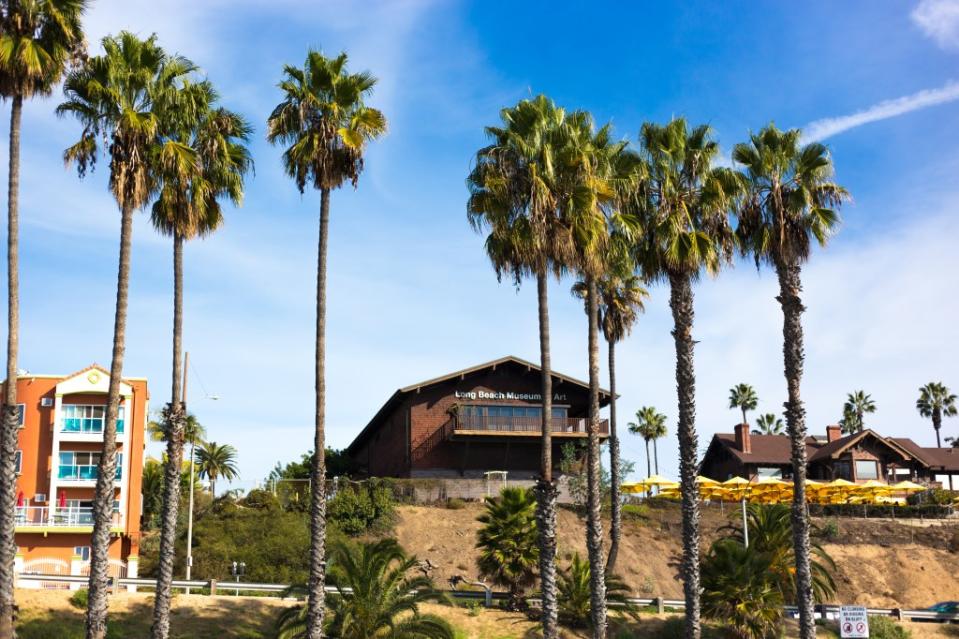 Palm trees stand in front of the Long Beach Museum of Art, which is up on a cliff via Getty Images