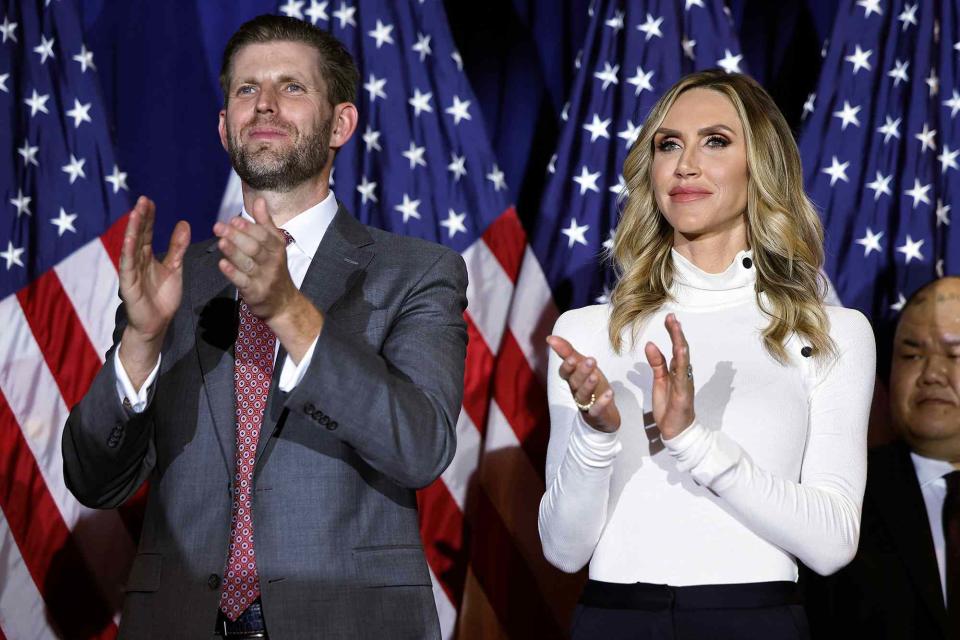 <p>Chip Somodevilla/Getty</p> Eric Trump and Lara Trump during a primary night party January 23, 2024, in Nashua, New Hampshire.
