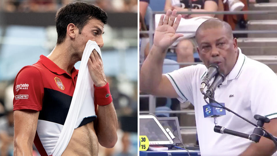 Carlos Bernardes (pictured right) asking for quiet in the crowd, while Djokovic wipes away sweat.