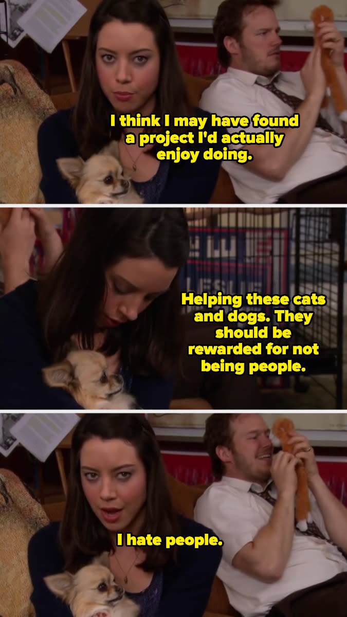 april holding a dog and talking about hating people