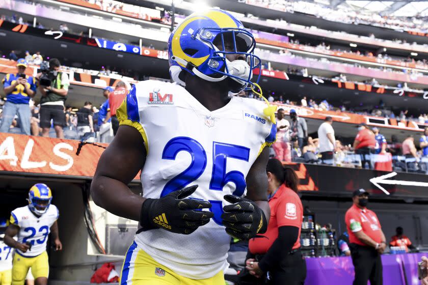 Inglewood, CA - February 13: Los Angeles Rams running back Sony Michel (25) makes his way onto the field for warm ups before Super Bowl LVI against the Cincinnati Bengals at SoFi Stadium on Sunday, Feb. 13, 2022 in Inglewood, CA. (Wally Skalij / Los Angeles Times)