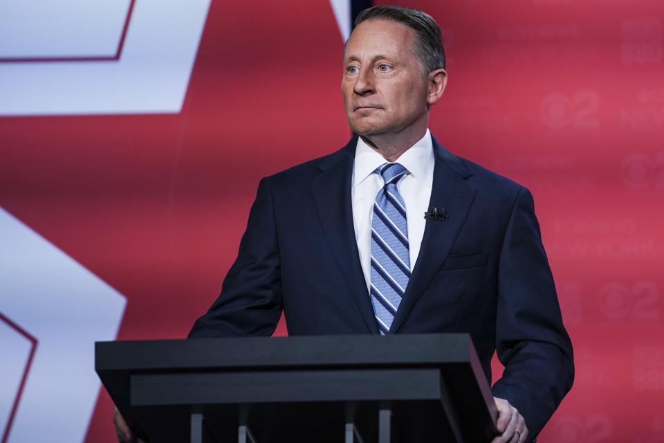 Former Westchester County Executive Rob Astorino listens as he prepares to participate in New York's Republican gubernatorial debate at the studios of CBS2 TV, Monday, June 13, 2022, in New York. (AP Photo/Bebeto Matthews)