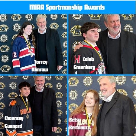 Area winners of the Boston Bruins MIAA Sportsmanship Award. Clockwise from top left, Torrey Winrow, Lincoln-Sudbury; Caleb Greenberg, Holliston; Betsy Bertonazzi, Algonquin-Hudson; and Chauncey Guenard, AMSA/Marlborough.