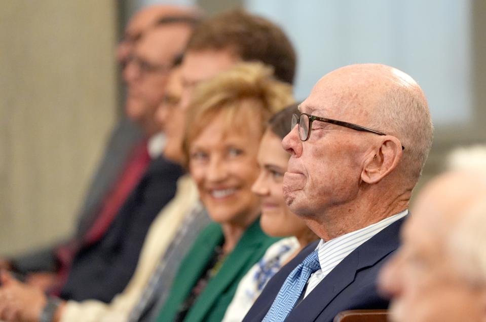 Tom McDaniel reacts as a proclamation naming Scissortail Park after him is read during the June 18 Oklahoma City Council meeting.