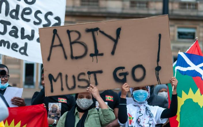 Protesters in Glasgow last month demand the removal of Ethiopia&#39;s prime minister Abiy Ahmed. - Skully / Alamy Live News/https://www.alamy.com