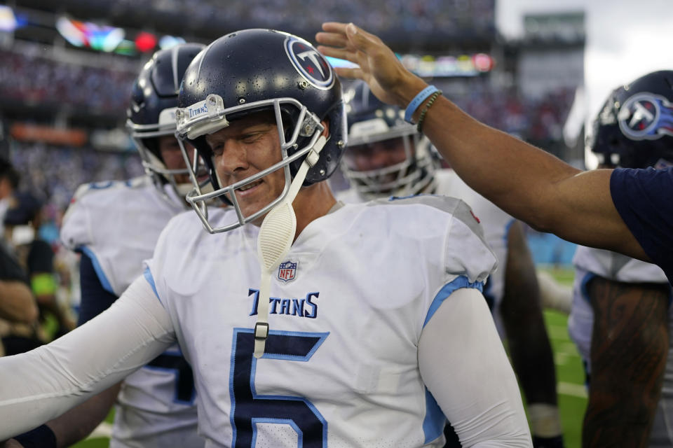 Tennessee Titans place kicker Nick Folk smiles on the field after making a game-winning field goal in overtime of an NFL football game against the Los Angeles Chargers Sunday, Sept. 17, 2023, in Nashville, Tenn. (AP Photo/George Walker IV)