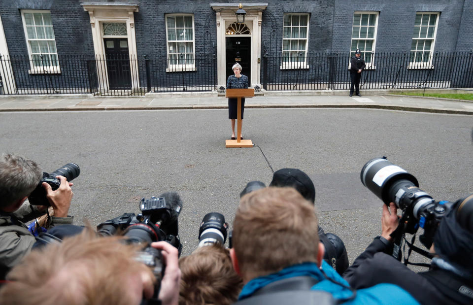 Theresa May speaks to the press after requesting the dissolution of Parliament