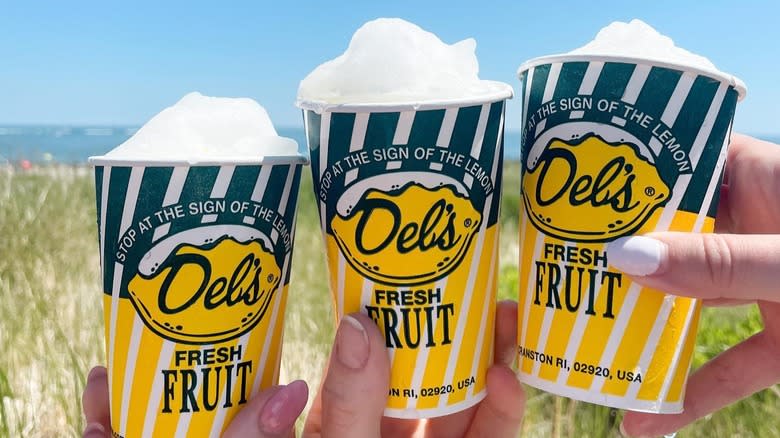 Three full cups of Del's frozen lemonade