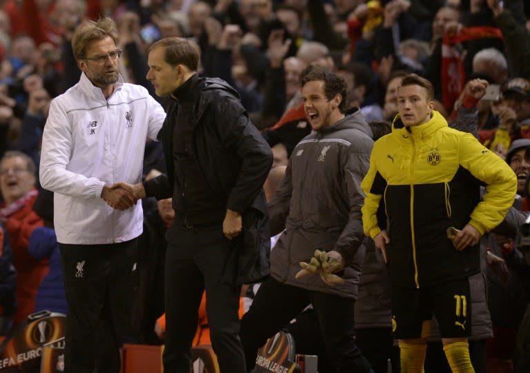 Klopp and Tuchel shake hands after Liverpool's win over Borussia Dortmund in the Europa League in 2016