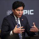 California Sen. Kevin de Leon, D-Los Angeles, gestures while speaking during a debate with California Sen. Dianne Feinstein, D-Calif., on Wednesday, Oct. 17, 2018, in San Francisco. Feinstein shared the stage with an opponent for the first time since 2000 when she debated state Sen. Kevin de Leon. The two Democrats are facing off in the Nov. 6 election. (AP Photo/Ben Margot)