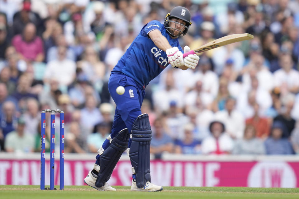 England's Dawid Malan plays a shot off the bowling of New Zealand's Kyle Jamieson during the One Day International cricket match between England and New Zealand at The Oval cricket ground in London, Wednesday, Sept. 13, 2023. (AP Photo/Kirsty Wigglesworth)