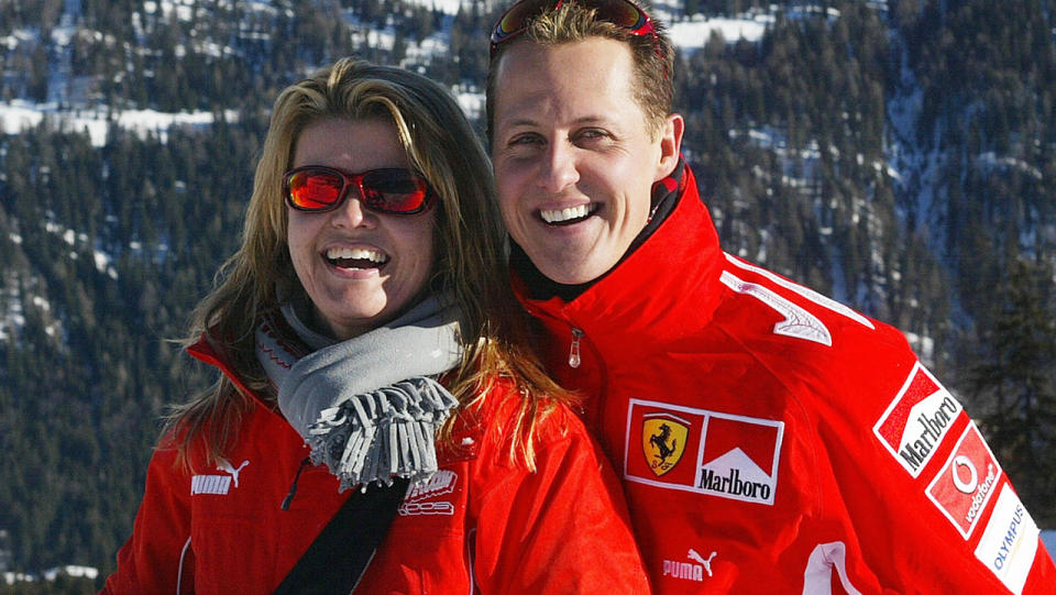 Michael Schumacher poses with his wife Corinna, in the winter resort of Madonna di Campiglio, in the Dolomites area, Northern Italy, 11 January 2005. AFP PHOTO / Press Ferrari (Photo credit should read STR/AFP/Getty Images)