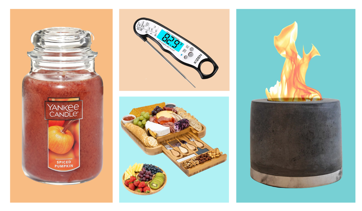 candle, meat thermometer, charcuterie board, fire pit