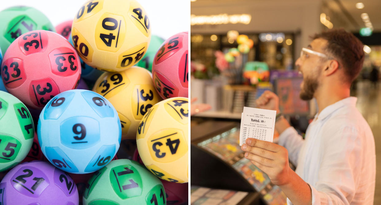 Left: Saturday lotto balls Right: A man holding a Tatts Lotto ticket. 