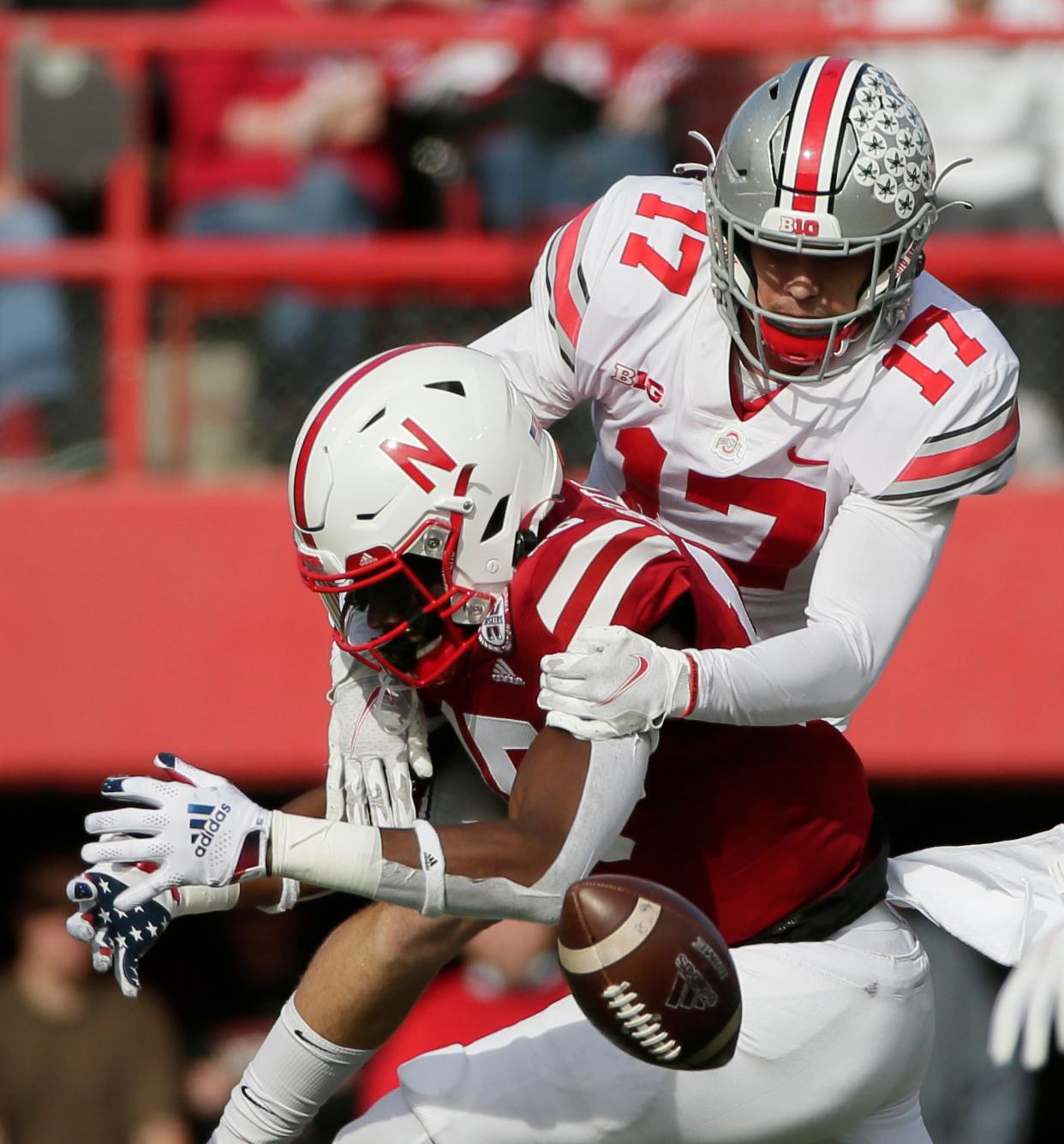 Ohio State Buckeyes safety Bryson Shaw (17) defends Nebraska Cornhuskers defensive back Malik Williams (15) on a passing play during Saturday's NCAA Division I football game at Memorial Stadium in Lincoln, Neb., on November 6, 2021.