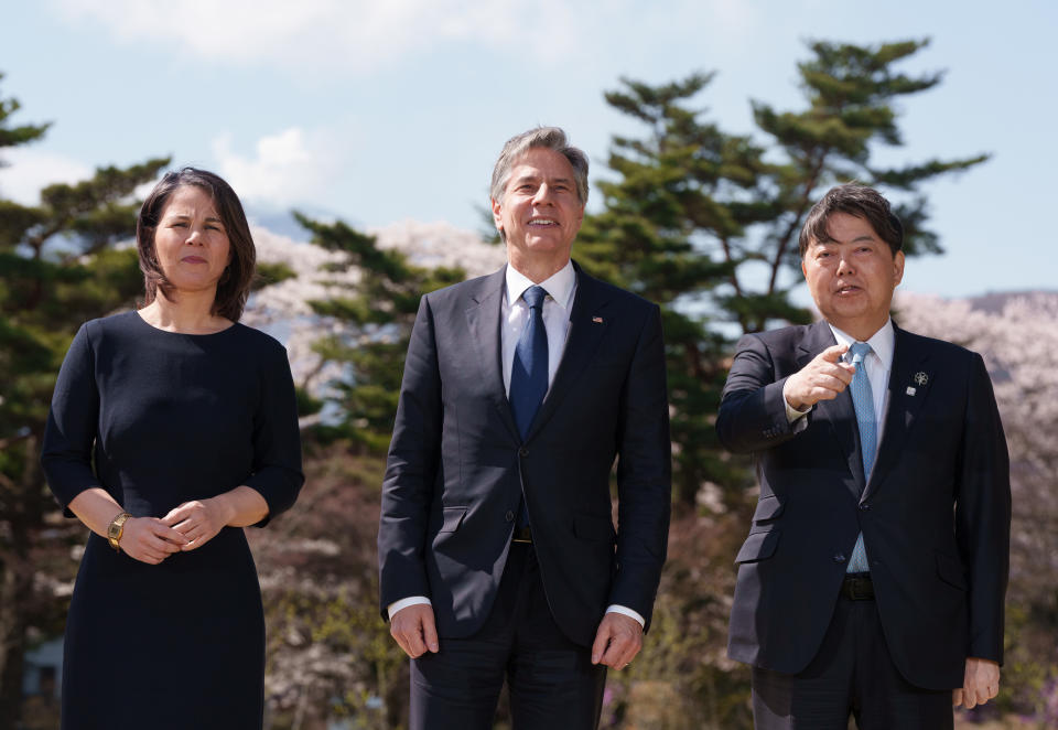 Außenministerin Annalena Baerbock, Antony J. Blinken und Yoshimasa Hayashi (Bild: Soeren Stache/dpa)