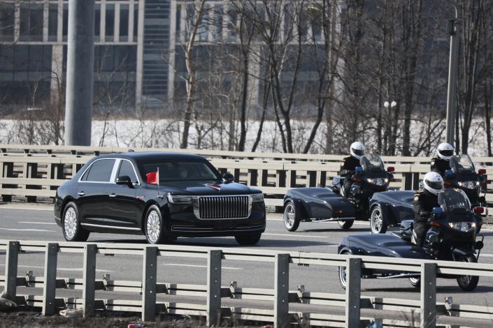 Chinese President Xi Jinping's motorcade drives from the Vnukovo-2 government airport outside Moscow, Russia, Monday, March 20, 2023. (AP Photo)