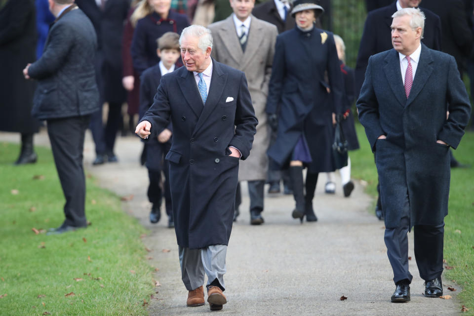 Prince Charles and Prince Andrew attend the Christmas Day Church service at Church of St Mary Magdalene in 2017. (Getty)