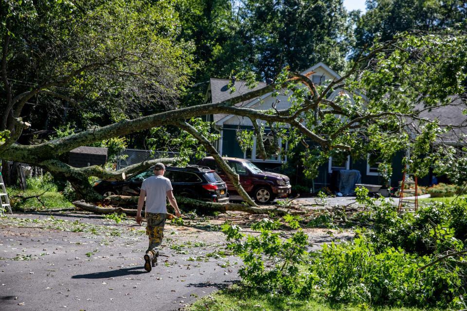 Michael Weir cleans up his yard on Cardinal Drive after the storm caused a tree to fall on his cars in Washingtonville on September 2.