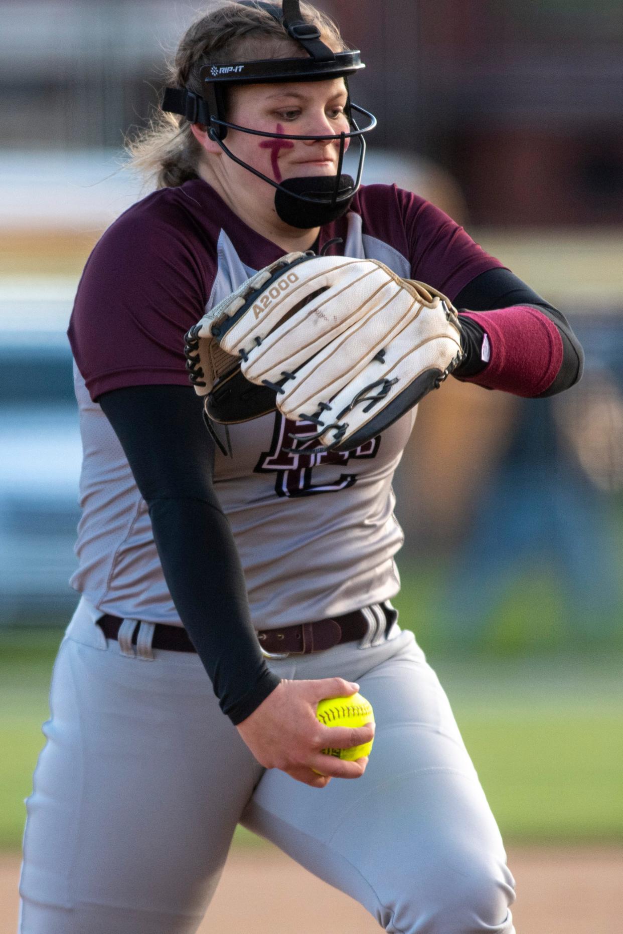 Henderson’s Anna Kemp (27) pitches as the Henderson County Lady Colonels play the North Posey Lady Vikings in Henderson, Ky., Tuesday, March 26, 2024.