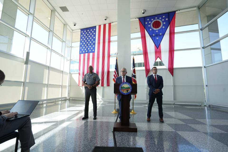 Ohio Gov. Mike DeWine speaks about concerns surrounding an influx of 15,000 Haitian immigrants in Springfield, Ohio, Tuesday, Sept. 10, 2024, from the Ohio Department of Public Safety headquarters, 1980 W. Broad St., Columbus. He is flanked by Col. Charles Jones (left), director of the Ohio State Highway Patrol, and Andy Wilson, director of the Ohio Department of Public Safety.