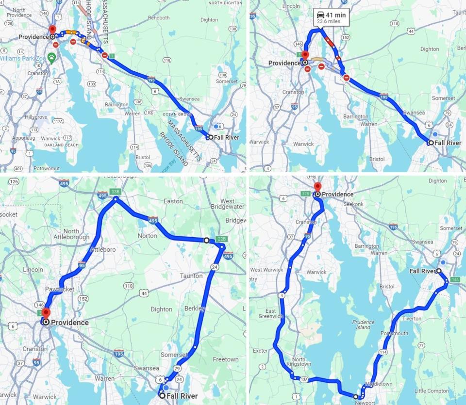 Four major options exist to bring drivers from Fall River to Providence, with the Washington Bridge mostly out of commission. In the top row are the direct route and a route through Pawtucket. In the bottom row, routes give Providence a wider berth.