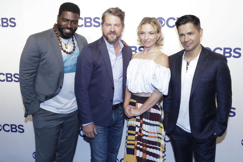 Left to right, Stephen Hill, Zachary Knighton, Perdita Weeks and Jay Hernandez of "Magnum, P.I." arrive on the red carpet at the CBS Upfront at The Plaza Hotel in 2018 in New York City. File Photo by John Angelillo/UPI