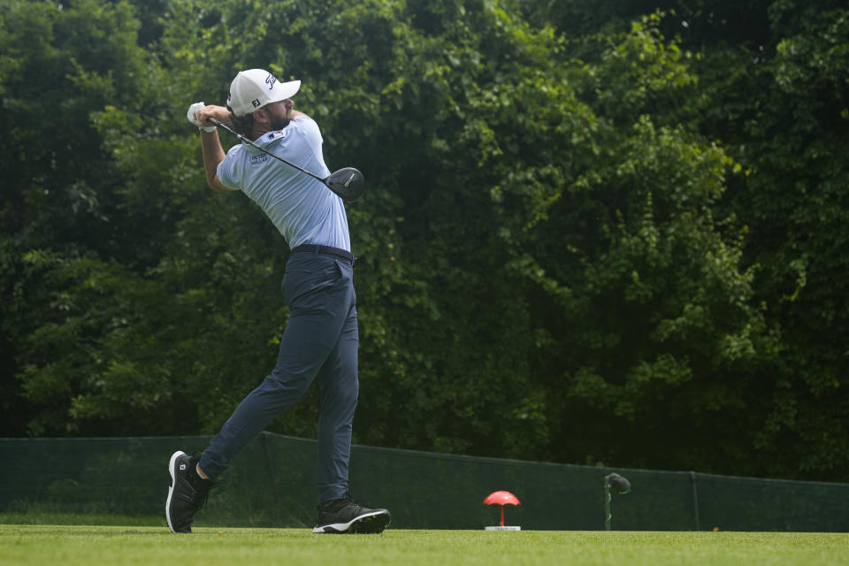 Cameron Young hits from the 13th tee during the third round of the Travelers Championship golf tournament at TPC River Highlands, Saturday, June 22, 2024, in Cromwell, Conn. (AP Photo/Seth Wenig)