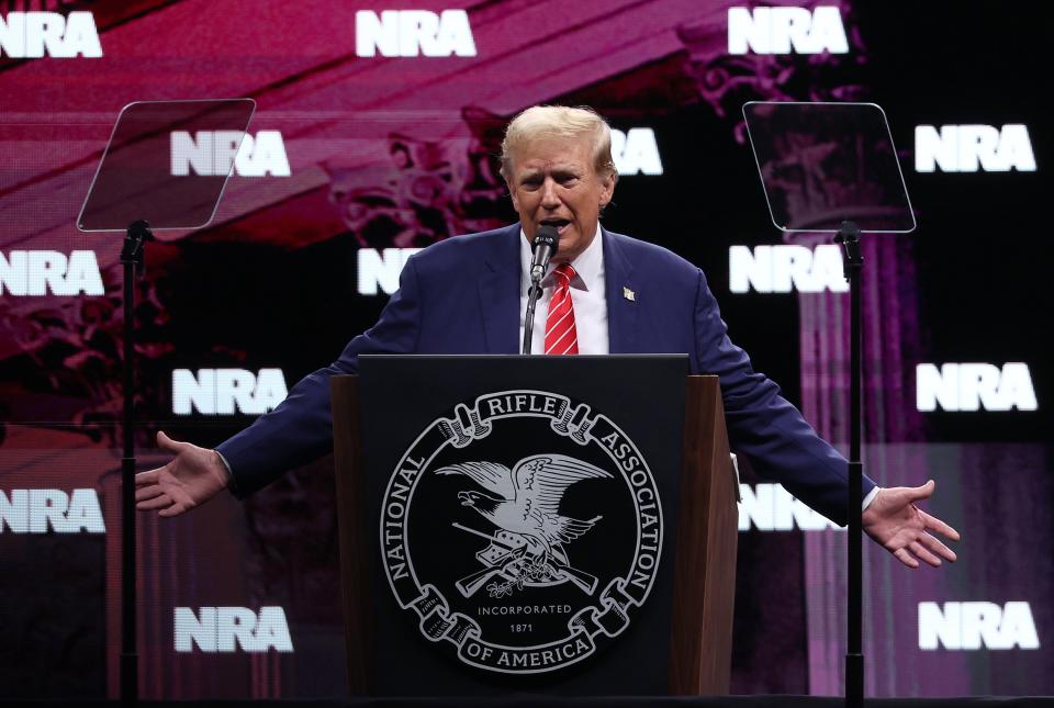 DALLAS, TEXAS - MAY 18: Former President Donald Trump speaks during the NRA ILA Leadership Forum at the National Rifle Association Annual Meeting & Exhibits at the Kay Bailey Hutchison Convention Center on May 18, 2024 in Dallas. (Photo by Justin Sullivan/Getty Images)
