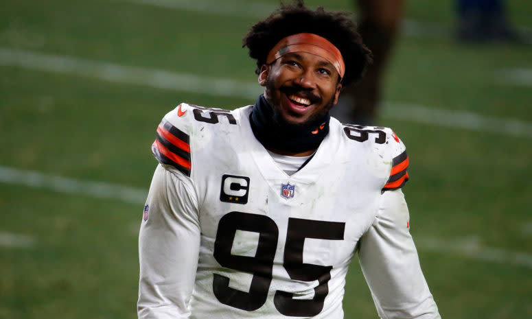 Myles Garrett walks off the field.