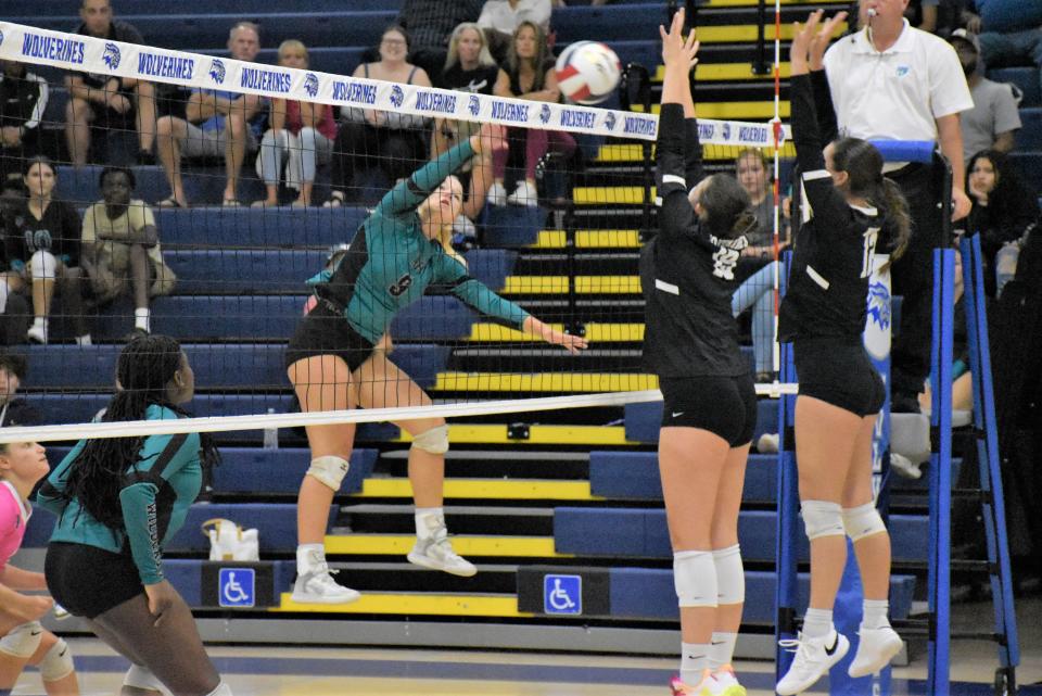 Royal Palm Beach's Jenna Larsen smashes the ball across the net, looking for a kill against Wellington during the squads' regular season match (Sept. 7, 2023).