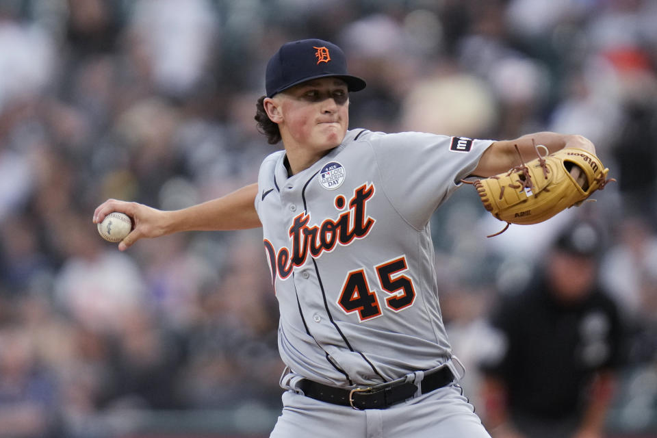 Detroit Tigers starting pitcher Reese Olson throws during the first inning of the team's baseball game against the Chicago White Sox on Friday, June 2, 2023, in Chicago. (AP Photo/Erin Hooley)