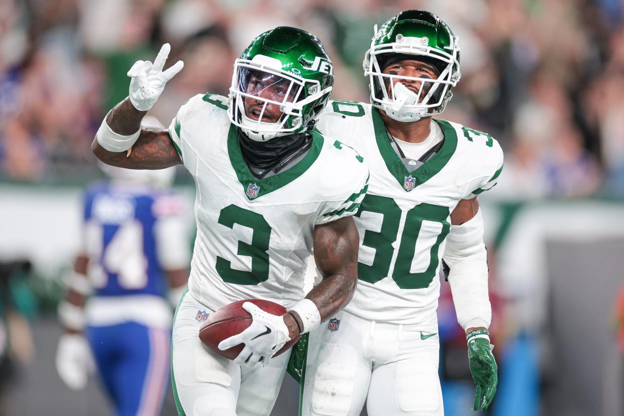 Jets safety Jordan Whitehead intercepted Josh Allen three times in the 2023 season opener, one of the worst games of Allen's career.