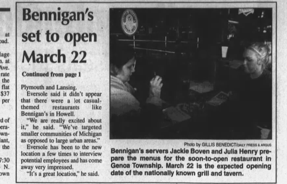 A news article shows Bennigan's is set to open in Howell.