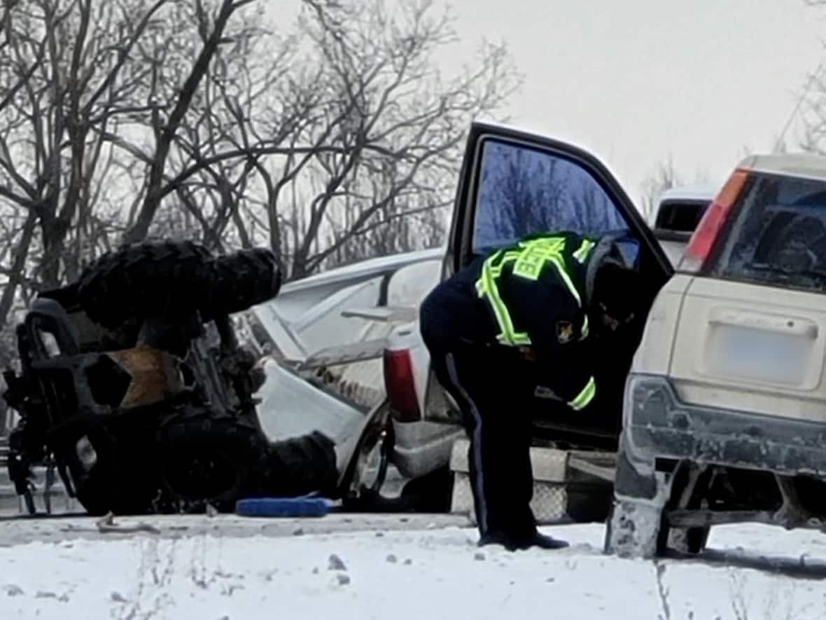 A two-vehicle crash on Highway 401 Thursday morning in Chatham-Kent in southwestern Ontario sent three people to hospital. (Submitted by Amanda Moffat - image credit)