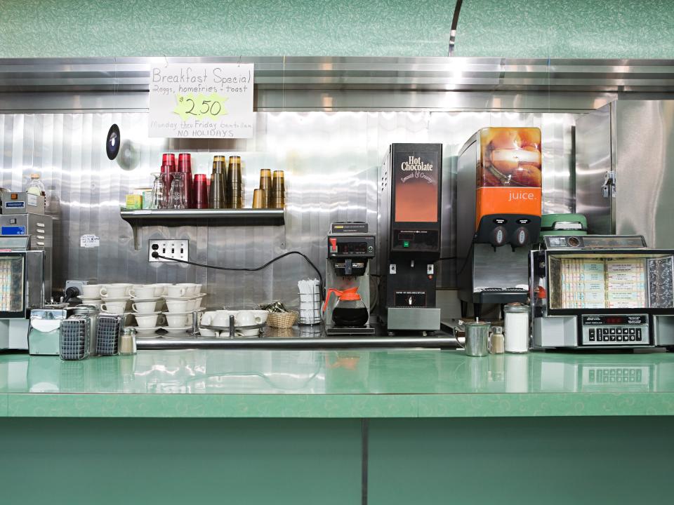 inside of diner , counter space