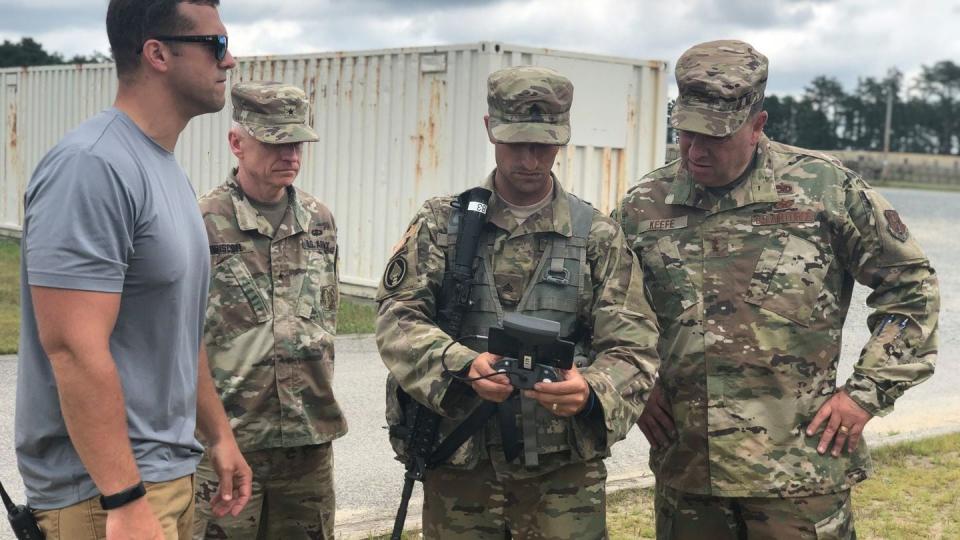 Members of the Massachusetts National Guard's Command Team receive a demonstration on the use of commercial quadcopters from the Defense Innovation Unit during Operation Patriot Crucible in August 2019. (Sgt. 1st Class Jamie Gaitan)