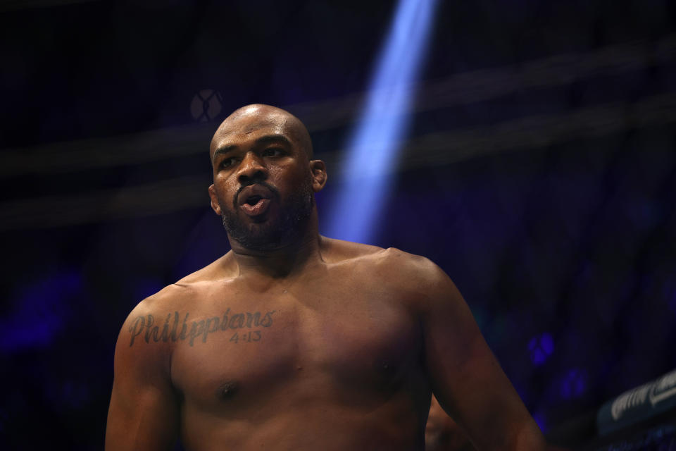 LAS VEGAS, NEVADA - MARCH 04: Jon Jones looks on during the UFC heavyweight championship fight against Ciryl Gane of France during the UFC 285 event at T-Mobile Arena on March 04, 2023 in Las Vegas, Nevada. (Photo by Chris Graythen/Getty Images)