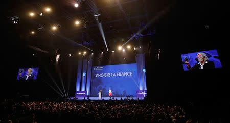 Marine Le Pen, French National Front (FN) political party leader and candidate for French 2017 presidential election, speaks during a campaign rally in Nice, France, April 27, 2017. REUTERS/Eric Gaillard