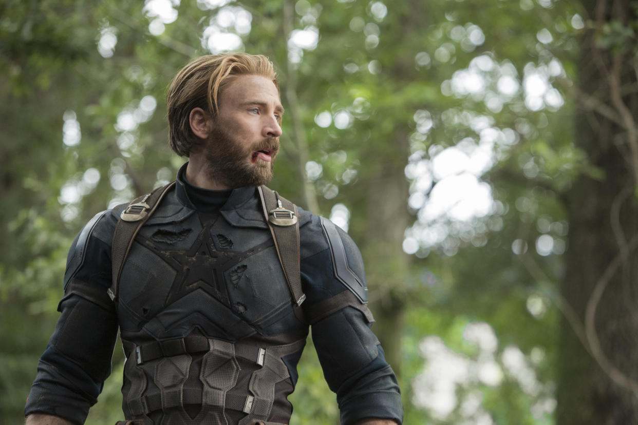 This image released by Disney shows Chris Evans in a scene from Marvel Studios’ “Avengers: Infinity War.” (Chuck Zlotnick/Marvel Studios via AP)