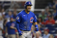 Chicago Cubs' Rafael Ortega celebrates his two-run home run during the fourth inning of a baseball game against the Washington Nationals, Saturday, July 31, 2021, in Washington. (AP Photo/Nick Wass)