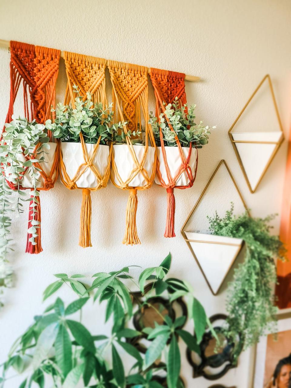 four plants hanging from colorful planters on the white wall