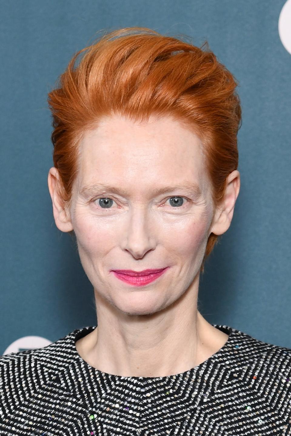 Tilda Swinton in a patterned top and trousers at a BFI event