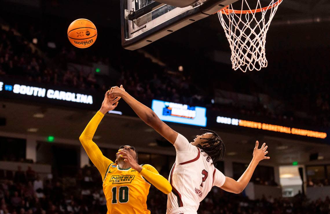 South Carolina Gamecocks forward Ashlyn Watkins (2) blocks a shot by Norfolk State Spartans forward Mahoganie Williams (10) during the first round of the 2023 NCAA Tournament at Colonial Life Arena in Columbia on Friday, March 17, 2023. Sam Wolfe/Special To The State