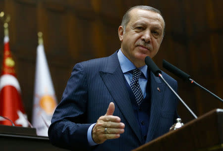 Turkish President Recep Tayyip Erdogan addresses members of parliament of his ruling AK Party during a meeting at the Parliament in Ankara, Turkey, November 28, 2017. Kayhan Ozer/Presidential Palace/Handout via REUTERS