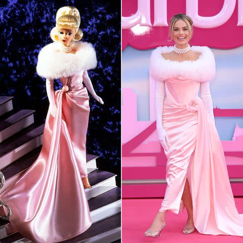 <p>Mattel Inc.; Karwai Tang/WireImage</p> Margot Robbie at the London Barbie premiere with Enchanted Evening Barbie