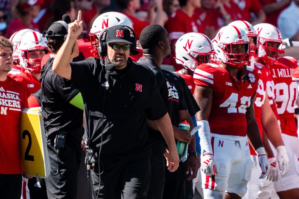 Aug 31, 2024; Lincoln, Nebraska, USA; Nebraska Cornhuskers head coach Matt Rhule reacts during the second quarter against the UTEP Miners at Memorial Stadium. Mandatory Credit: Dylan Widger-USA TODAY Sports