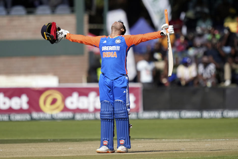 India's batsman Abishek Sharma celebrates after scoring 100 runs during the T20 cricket between Zimbabwe and India at Harare Sports club,Sunday, July 7,2024. (AP Photo/Tsvangirayi Mukwazhi)